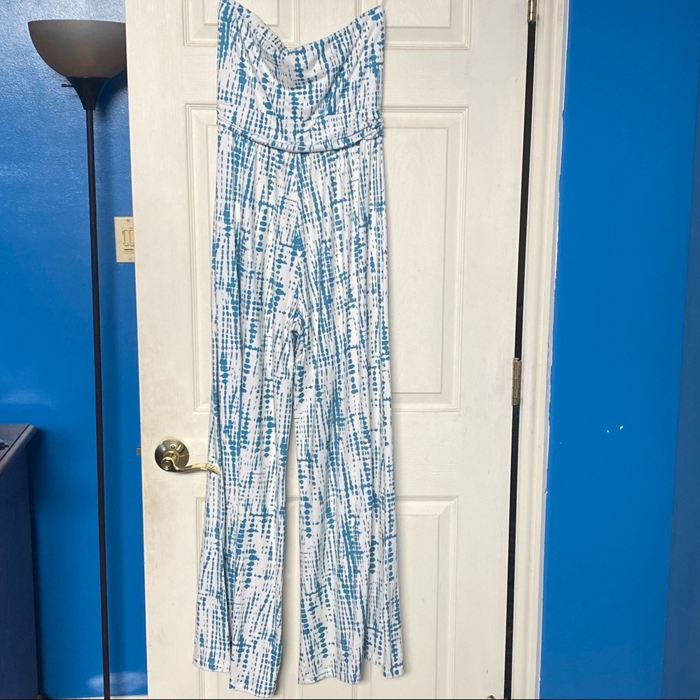 Strapless blue and white jumpsuit